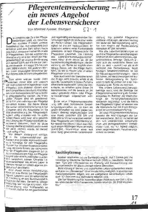 Vorschauseite 1: Pflegerentenversicherung - ein neues Angebot der Lebensversicherer
