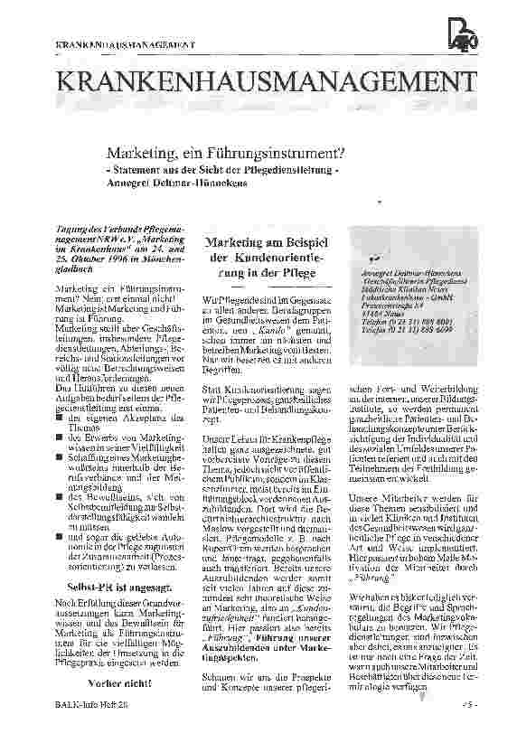 Vorschauseite 1: Marketing, ein Führungsinstrument - Statement aus der Sicht der Pflegedienstleitung -