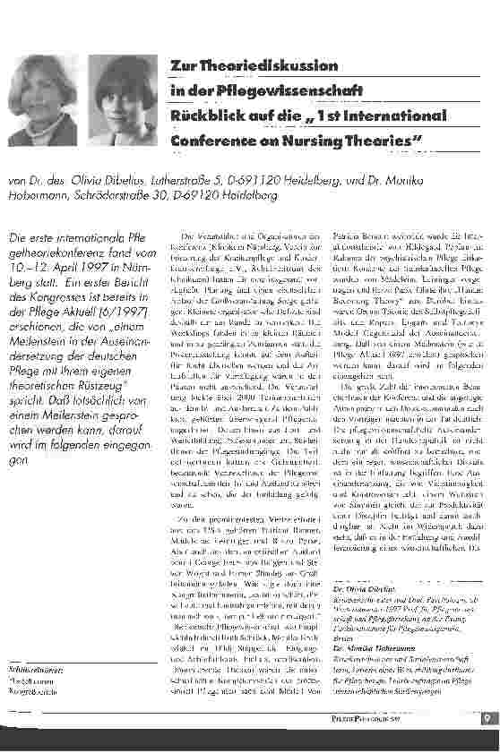 Vorschauseite 1: Zur Theoriediskussion in der Pflegewissenschaft Rückblick auf die 1 st International Conference on Nursing Theories