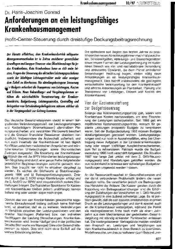 Vorschauseite 1: Anforderungen an ein leistungsfähiges Krankenhausmanagement Profit-Center-Steuerung durch dreistufige Deckungsbeitragsrechnung