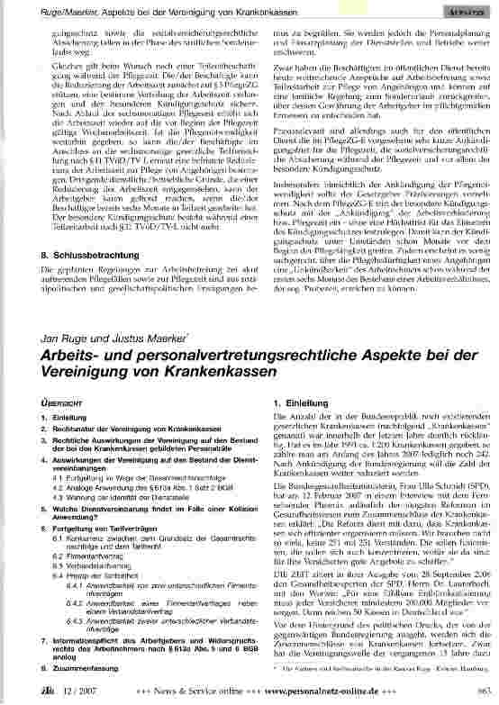 Vorschauseite 1: Arbeitsund personalvertretungsrechtliche Aspekte bei der Vereinigung von Krankenkassen