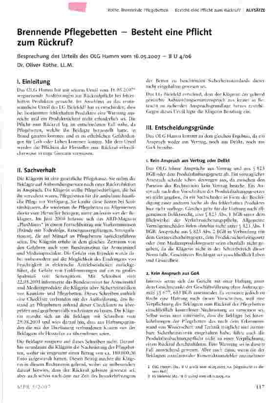 Vorschauseite 1: Brennende Pflegebetten - Besteht eine Pflicht zum Rückruf?