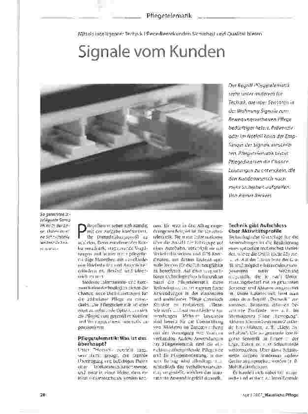 Vorschauseite 1: Mittels intelligenterTechnik Pflegedienstkunden Sicherheit und Qualität bieten - Signale vom Kunden