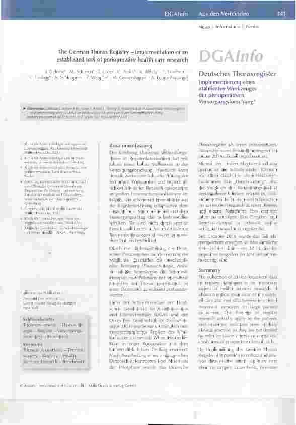 Vorschauseite 1: Deutsches Thoraxregister Implementierung eines etablierten Werkzeuges der perioperativenVersorgungsforschung
