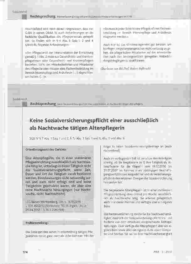Vorschauseite 1: Keine Sozialversicherungspflicht einer ausschließlich als Nachtwache tätigen Altenpflegerin