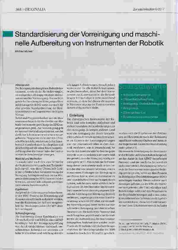 Vorschauseite 1: Standardisierung der Vorreinigung und maschinelle Aufbereitung von Instrumenten der Robotik