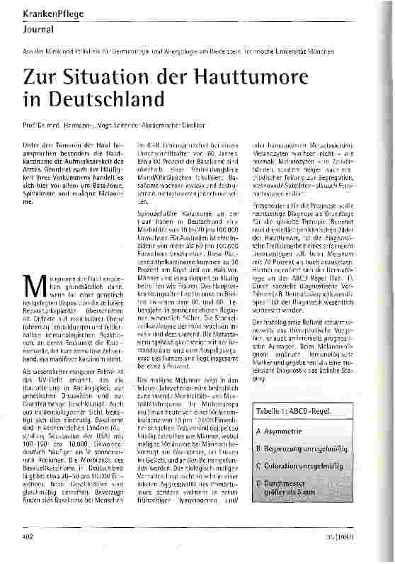 Vorschauseite 1: Zur Situation der Hauttumore in Deutschland