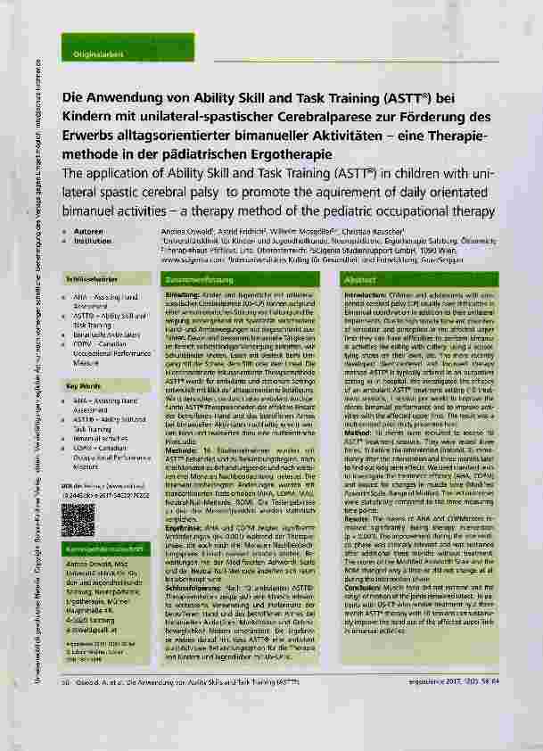 Vorschauseite 1: Die Anwendung von Ability Skill and Task Training (ASTT®) bei Kindern mit unilateral-spastischer Cerebralparese zur Förderung des Erwerbs alltagsorientierter bimanueller Aktivität…
