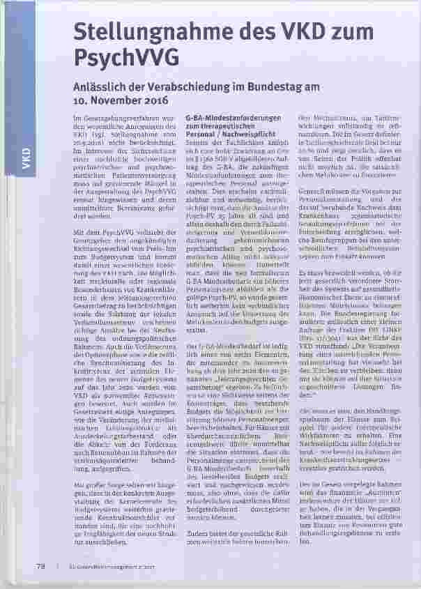 Vorschauseite 1: Stellungnahme des VKD zum PsychWG Anlässlich der Verabschiedung im Bundestag am 10. November 2016