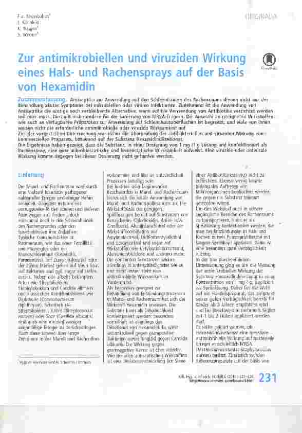 Vorschauseite 1: Zur antimikrobiellen und viruziden Wirkung eines Halsund Rachensprays auf der Basis von Hexamidin