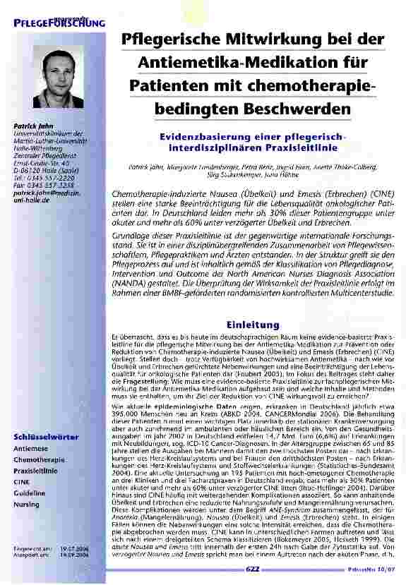 Vorschauseite 1: Pflegerische Mitwirkung bei der Antiemetika-Medikation für Patienten mit chemotherapiebedingten Beschwerden