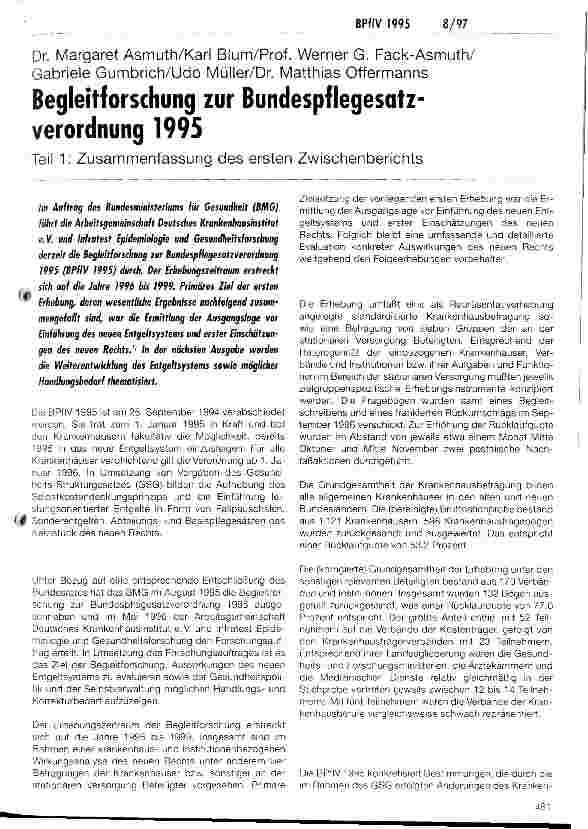 Vorschauseite 1: Begleitforschung zur Bundespflegsatzverordnung 1995 Teil 1: Zusammenfassung des ersten Zwischenberichts