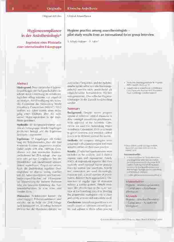 Vorschauseite 1: Hygienecompüance in der Anästhesiologie