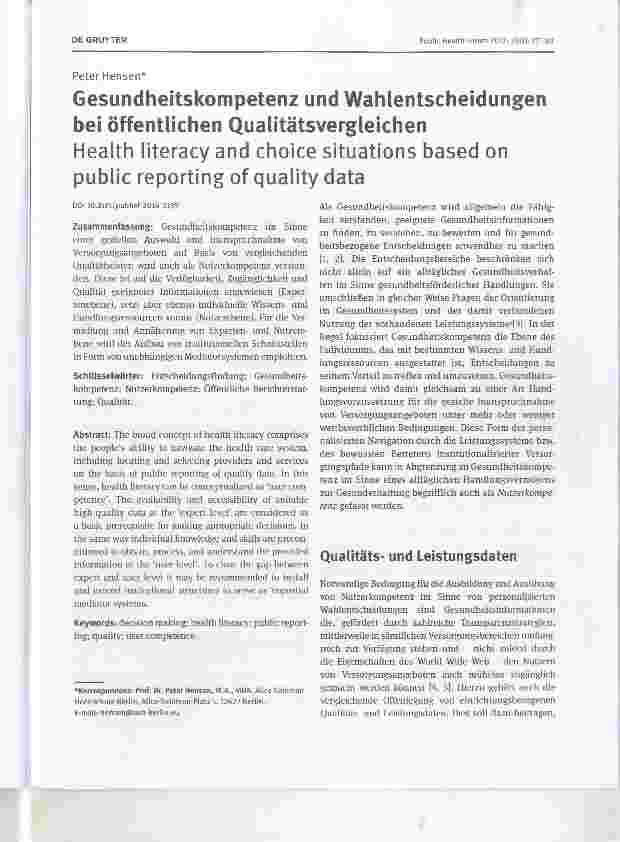 Vorschauseite 1: Gesundheitskompetenz und Wahlentscheidungen bei öffentlichen QualitätsvergleichenHealth literacy and choice situations based on public reporting of quality data