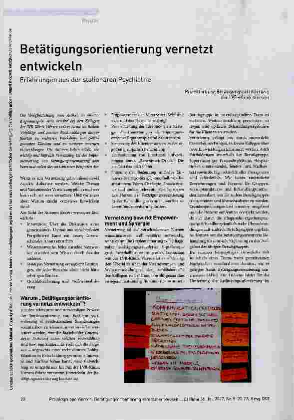 Vorschauseite 1: Betätigungsorientierung vernetzt entwickeln Erfahrungen aus der stationären Psychiatrie