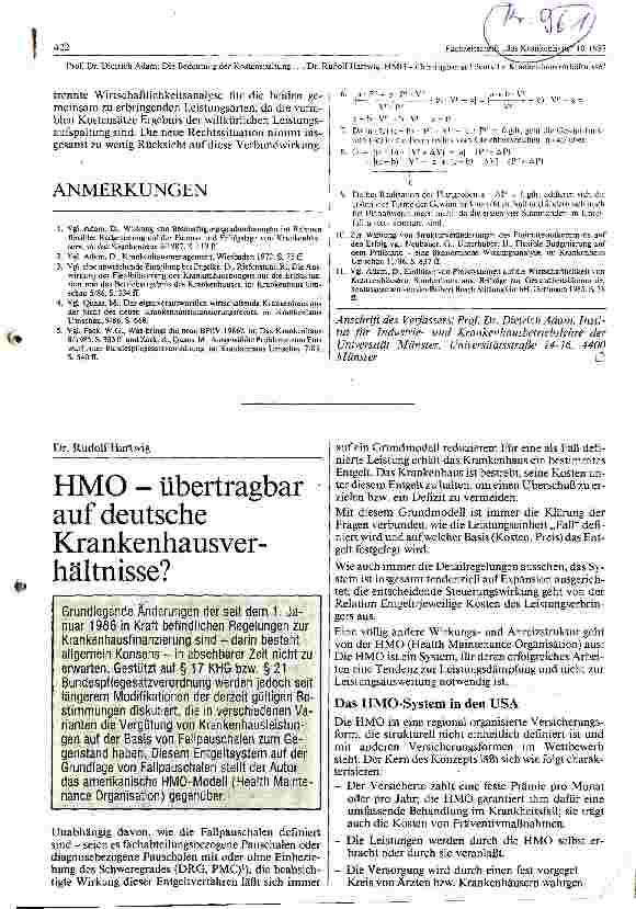 Vorschauseite 1: HMO - übertragbar auf deutsche Krankenhausverhältnisse