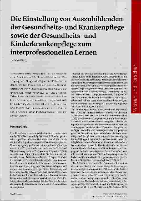 Vorschauseite 1: Die Einstellung von Auszubildenden der Gesundheitsund Krankenpflege sowie der Gesundheitsund Kinderkrankenpflege zum interprofessionellen Lernen