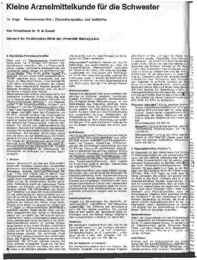 Vorschauseite 1: Kleine Arzneimittelkunde für die Schwester 14. Folge: Plasmaersatzmittel /Chemotherapeutica und Antibiotika