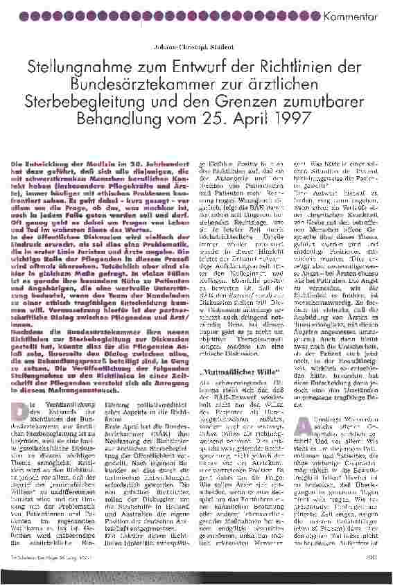 Vorschauseite 1: Stellungnahme zum Entwurf der Richtlinien der Bundesärztekammer zur ärztlichen Sterbegegleitung und den Grenzen zumutbarer Behandlung vom 25. April 1997