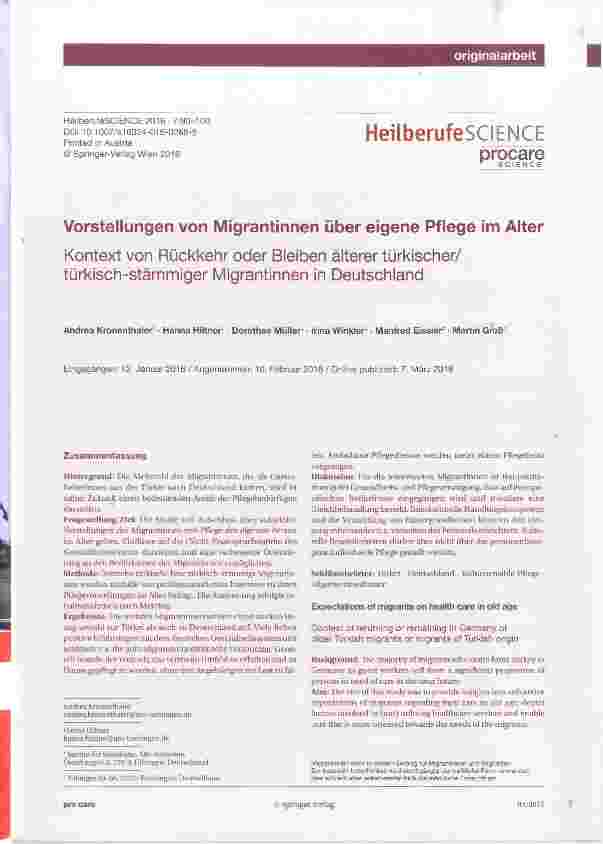 Vorschauseite 1: Vorstellungen von Migrantinnen über eigene Pflege im Alter Kontext von Rückkehr oder Bleiben älterer türkischer/ türkisch-stämmiger Migrantinnen in Deutschland