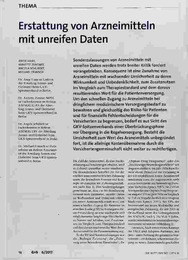 Vorschauseite 1: Erstattung von Arzneimitteln mit unreifen Daten