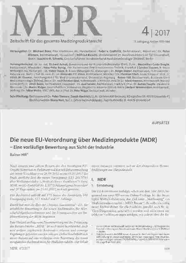 Vorschauseite 1: Die neue EU-Verordnung über Medizinprodukte (MDR) Eine vorläufige Bewertung aus Sicht der Industrie