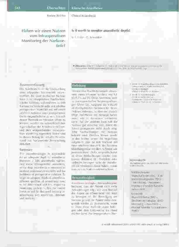 Vorschauseite 1: Haben wir einen Nutzen vom intraoperativen Monitoring der Narkosetiefe?