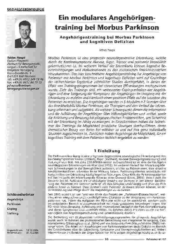 Vorschauseite 1: Ein modulares Angehörigentraining bei Morbus Parkinson