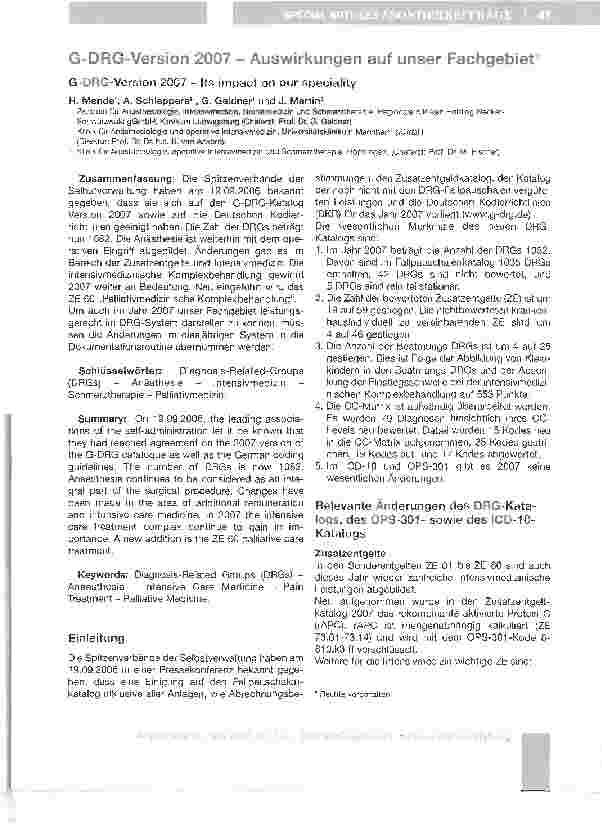 Vorschauseite 1: G-DRG-Version 2007 - Auswirkungen auf unser Fachgebiet