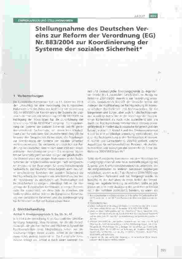Vorschauseite 1: Stellungnahme des Deutschen Vereins zur Reform der Verordnung (EG) Nr. 883/2004 zur Koordinierung der Systeme der sozialen Sicherheit