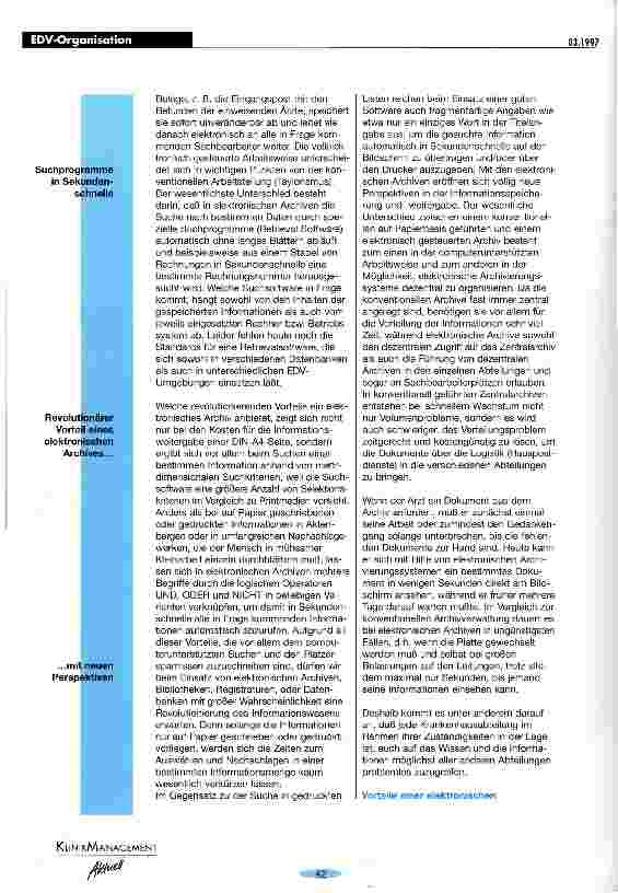 Vorschauseite 2: Elektronische Archive in Krankenhäusern erfordern neue Organisationsformen