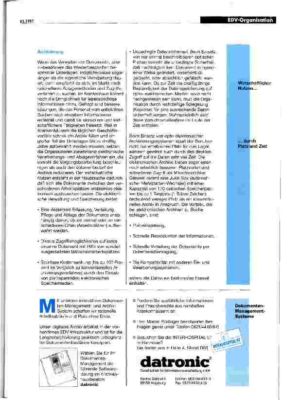 Vorschauseite 3: Elektronische Archive in Krankenhäusern erfordern neue Organisationsformen