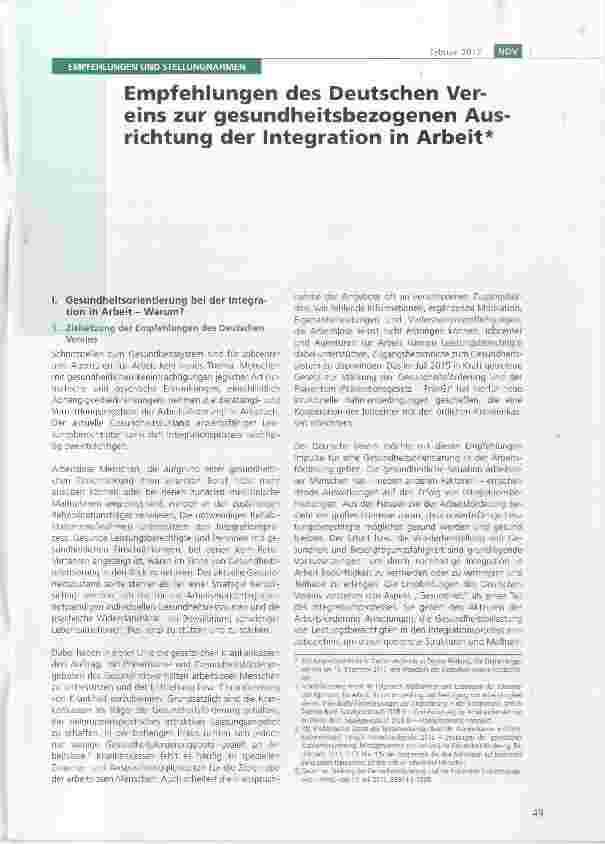 Vorschauseite 1: Empfehlungen des Deutschen Vereins zur gesundheitsbezogenen Ausrichtung der Integration in Arbeit
