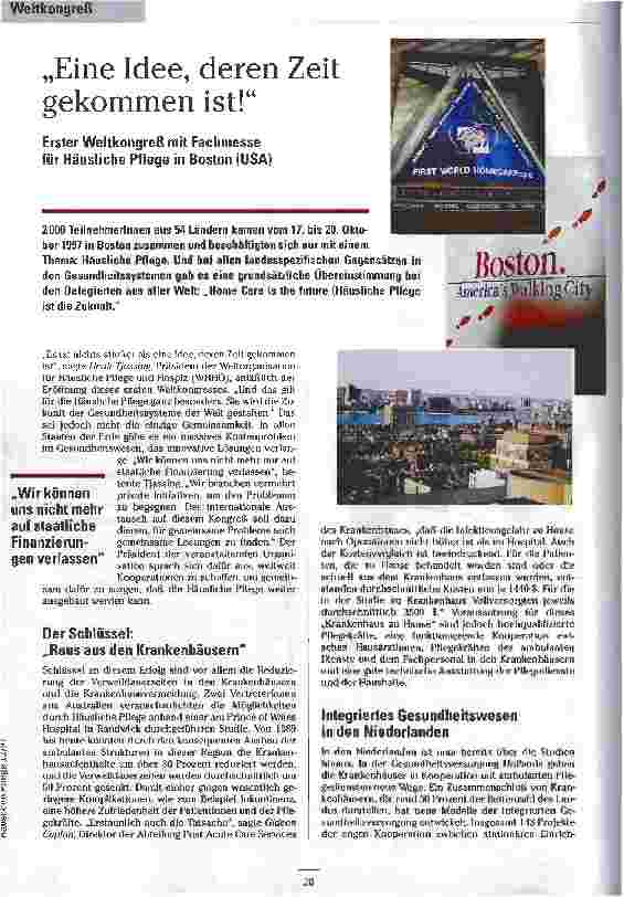 Vorschauseite 1: Eine Idee, deren Zeit gekommen ist Erster Weltkongreß mit Fachmesse für Häusliche Pflege in Boston (USA)