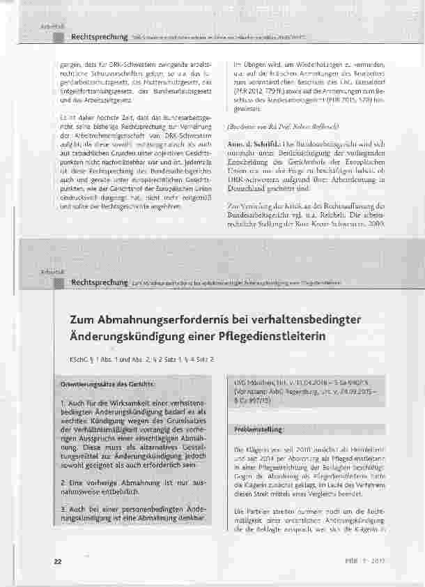 Vorschauseite 1: Zum Abmahnungserfordernis bei verhaltensbedingter Änderungskündigung einer Pflegedienstleiterin