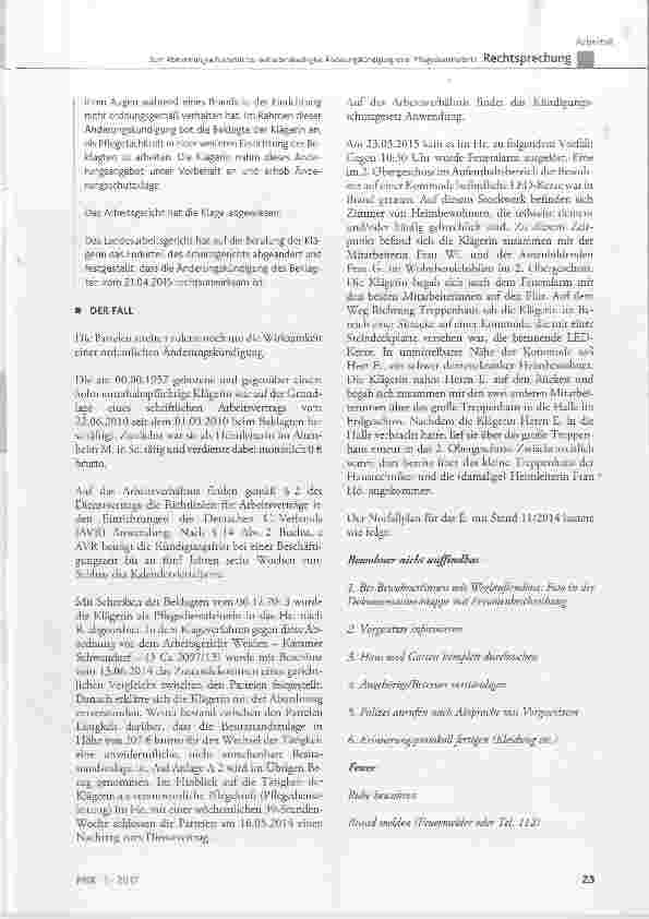 Vorschauseite 2: Zum Abmahnungserfordernis bei verhaltensbedingter Änderungskündigung einer Pflegedienstleiterin
