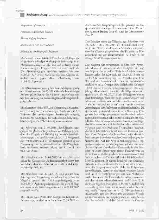 Vorschauseite 3: Zum Abmahnungserfordernis bei verhaltensbedingter Änderungskündigung einer Pflegedienstleiterin