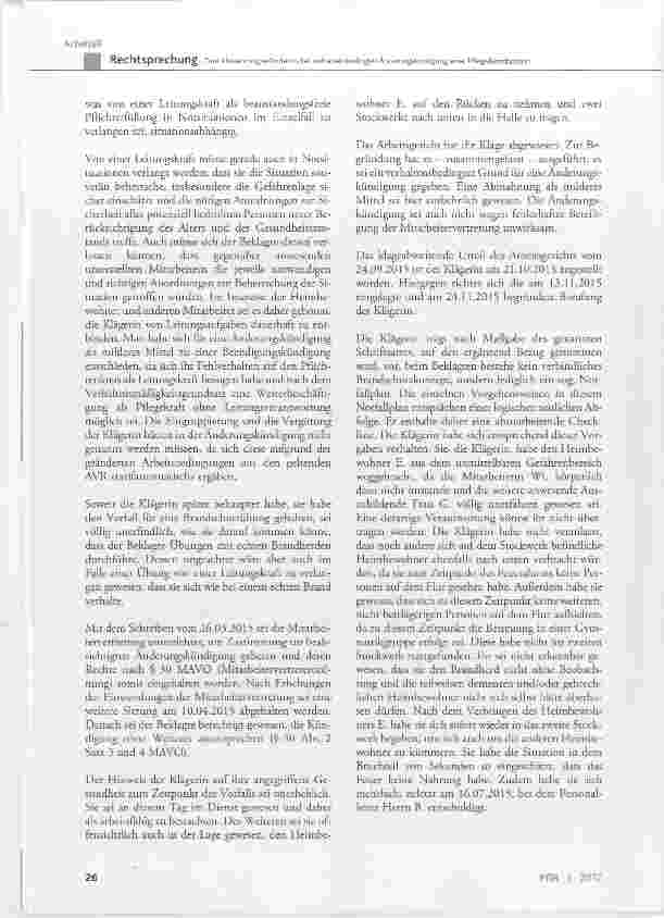 Vorschauseite 5: Zum Abmahnungserfordernis bei verhaltensbedingter Änderungskündigung einer Pflegedienstleiterin