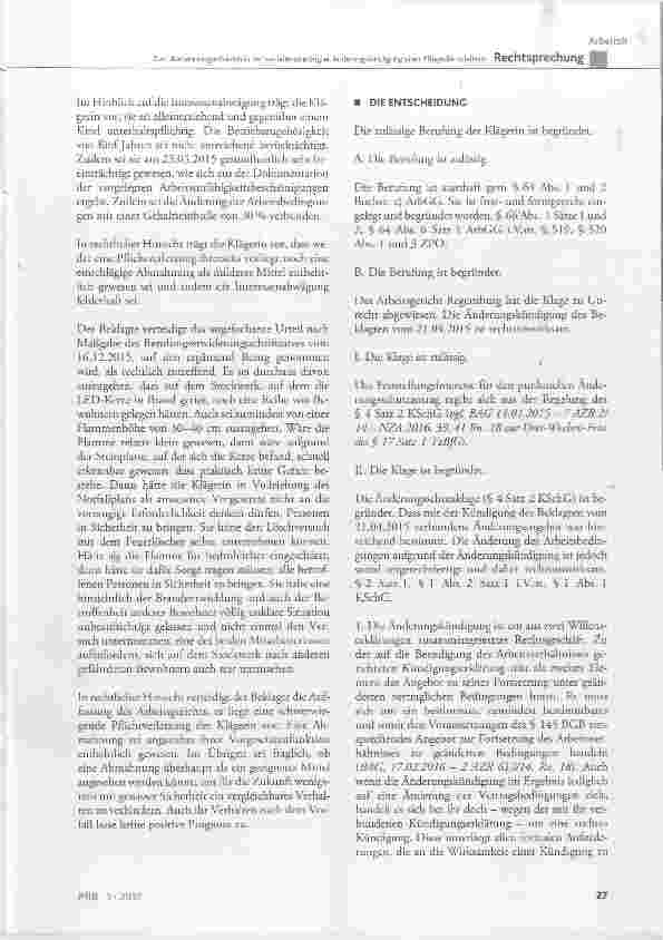 Vorschauseite 6: Zum Abmahnungserfordernis bei verhaltensbedingter Änderungskündigung einer Pflegedienstleiterin