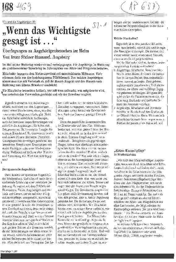 Vorschauseite 1: Wenn das Wichtigste gesagt ist... Überlegungen zu Angehörigenbesuchen im Heim