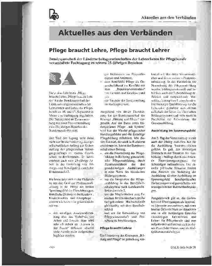 Vorschauseite 1: Pflege braucht Lehre, Pflege brauch Lehrer Bundesausschuß der Länderarbeitsgemeinschaften der LehrerInnen für Pflegeberufe veranstaltete Fachtagung zu seinem 25-jährigen Bestehen