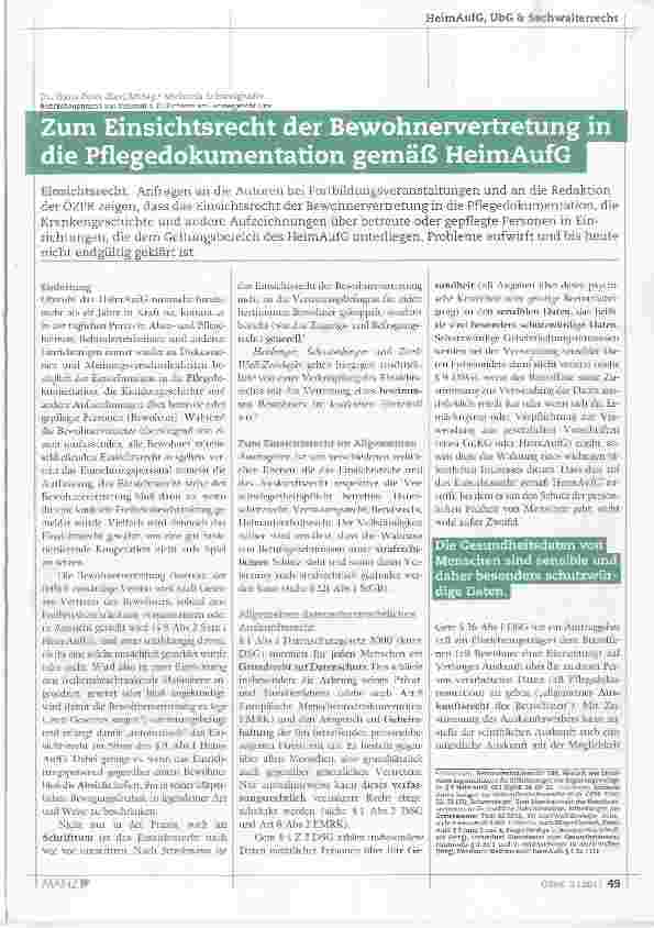 Vorschauseite 1: Zum Einsichtsrecht der Bewohnervertretung in die Pflegedokumentation gemäß HeimAufG