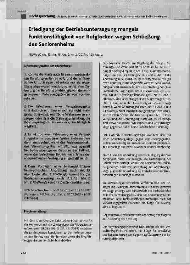 Vorschauseite 1: Erledigung der Betriebsuntersagung mangels Funktionsfähigkeit von Rufglocken wegen Schließung des Seniorenheims
