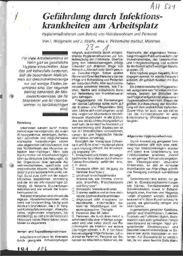 Vorschauseite 1: Gefährdung durch Infektionskrankheiten am Arbeitsplatz Hygienemaßnahmen zum Schutz von Heimbewohnern und Personal