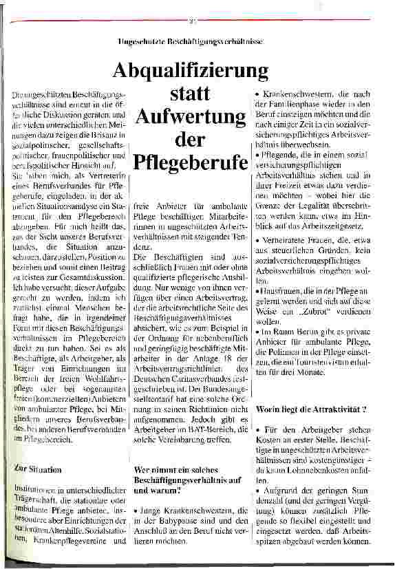 Vorschauseite 1: Agqualifizierung statt Aufwertung der Pflegeberufe Ungeschützte Beschäftigungsverhältnisse