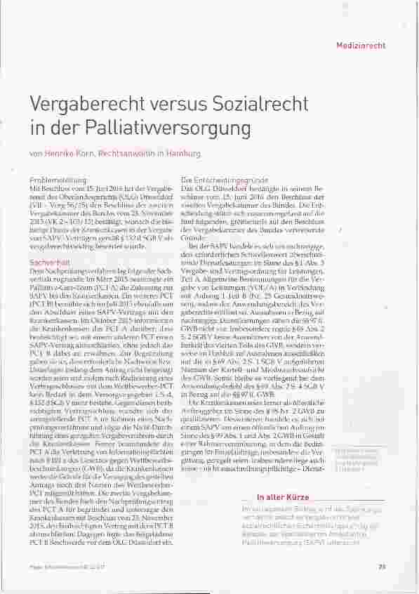 Vorschauseite 1: Vergaberecht versus Sozialrecht in der Palliatiwersorgung