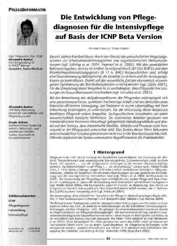 Vorschauseite 1: Die Entwicklung von Pflegediagnosen für die Intensivpflege auf Basis der ICNP Beta Version