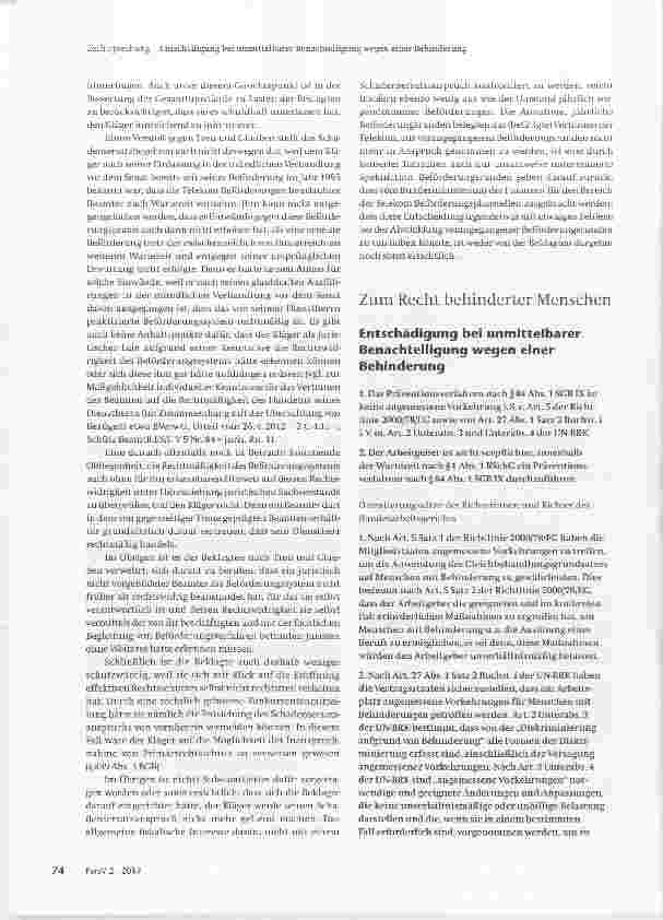 Vorschauseite 1: Entschädigung bei unmittelbarer Benachteiligung wegen einer Behinderung