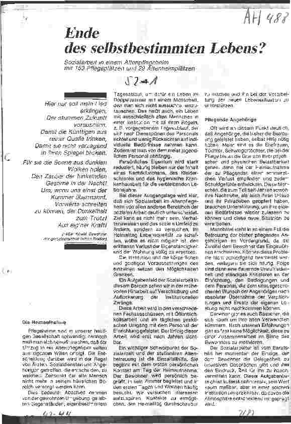 Vorschauseite 1: Ende des Selbstbestimmten Lebens? /Sozialarbeit in einem Altenpflegeheim mit 153 Pflegeplätzen und 29 Altenheimplätzen