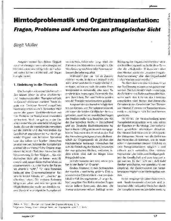 Vorschauseite 1: Hirntodproblematik und Organtransplantation: Fragen, Probleme und Antworten aus pflegerischer Sicht